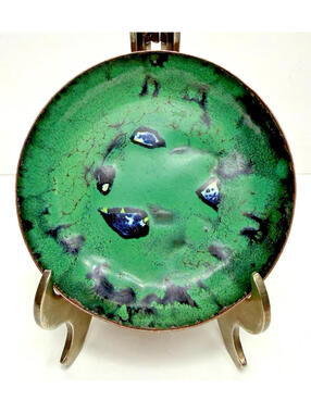 Vtg MCM Enameled Copper Small Bowl Trinket Dish Green Blue Abstract 4.25" dia